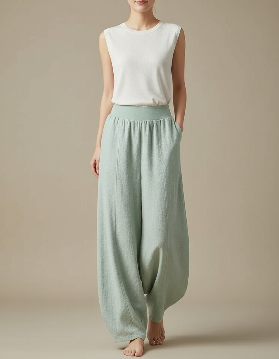 Pantalon Chinois Vert Ample Coton Lin Confortable