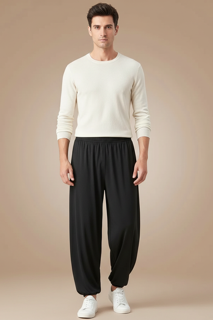 Pantalon Chinois Noir Ample Fluide Élastiqué Unisexe - Viscose