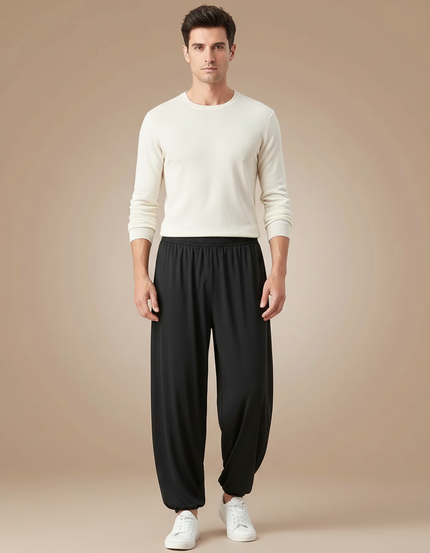 Pantalon Chinois Noir Ample Fluide Élastiqué Unisexe - Viscose