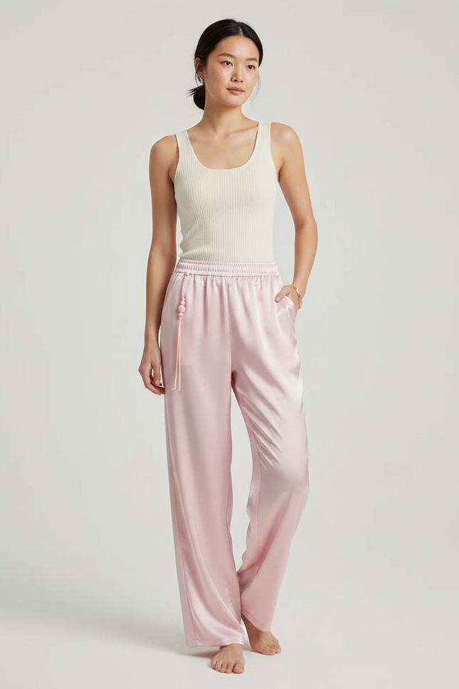 Pantalon Chinois Rose Satin Fluide Élégant Femme