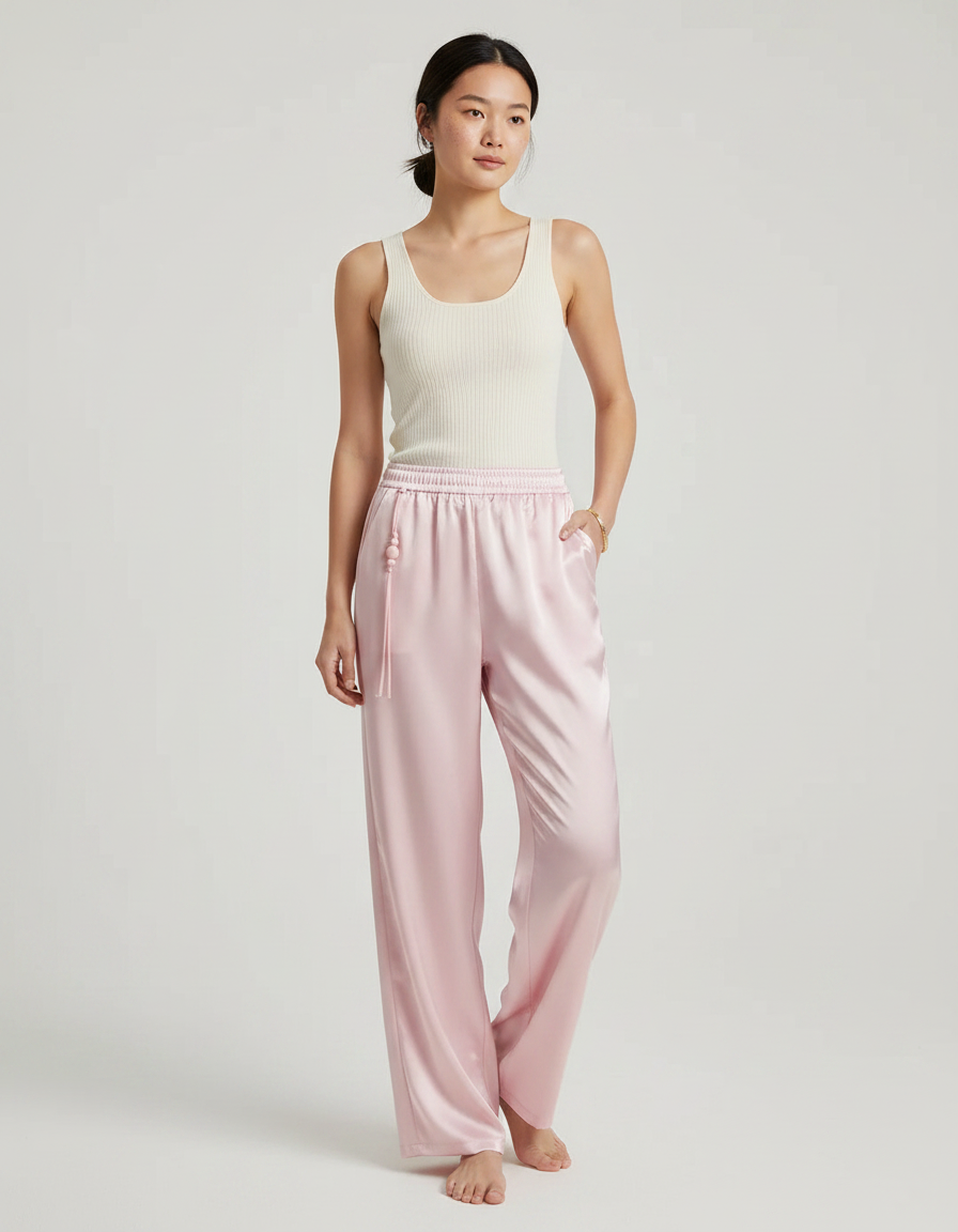 Pantalon Chinois Rose Satin Fluide Élégant Femme