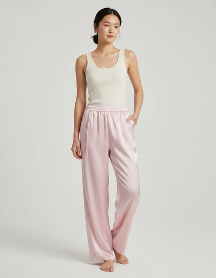 Pantalon Chinois Rose Satin Fluide Élégant Femme