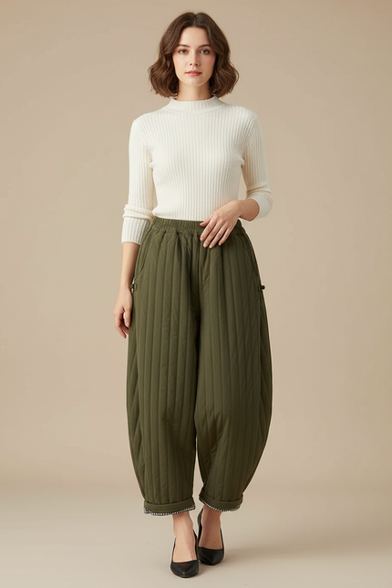 Pantalon Chinois Vert Matelassé Ample Harem Chaud - Kaki Polyester
