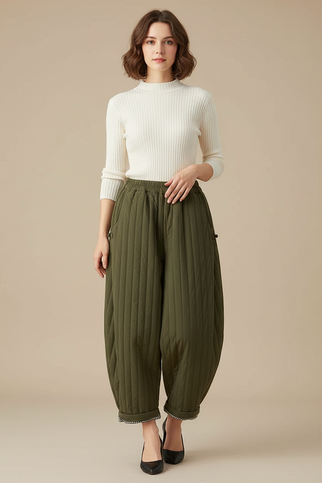 Pantalon Chinois Vert Matelassé Ample Harem Chaud - Kaki Polyester