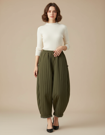 Pantalon Chinois Vert Matelassé Ample Harem Chaud - Kaki Polyester