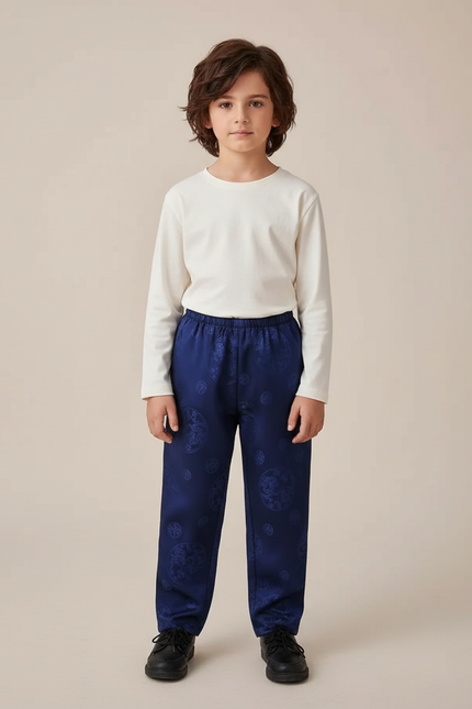 Pantalon Chinois Bleu Jacquard Dragon Traditionnel Enfant - Marine Polyester