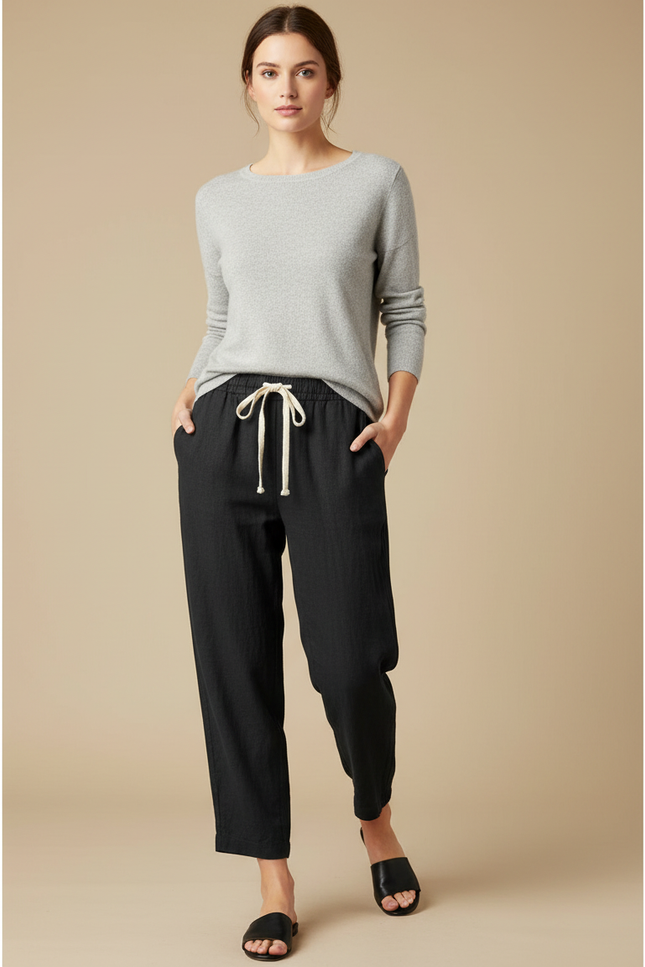 Pantalon Chinois Noir Décontracté Coton Ample Avec Cordon - Lin