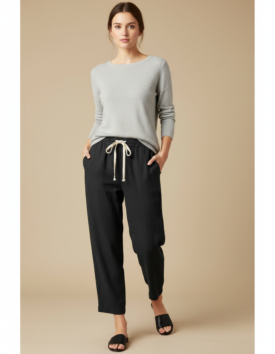 Pantalon Chinois Noir Décontracté Coton Ample Avec Cordon - Lin