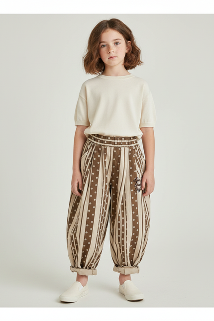 Pantalon Chinois Sarouel Rayé Pois Ample Enfant - Marron Toile