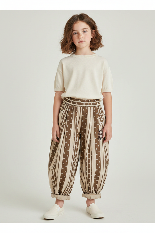 Pantalon Chinois Sarouel Rayé Pois Ample Enfant - Marron Toile