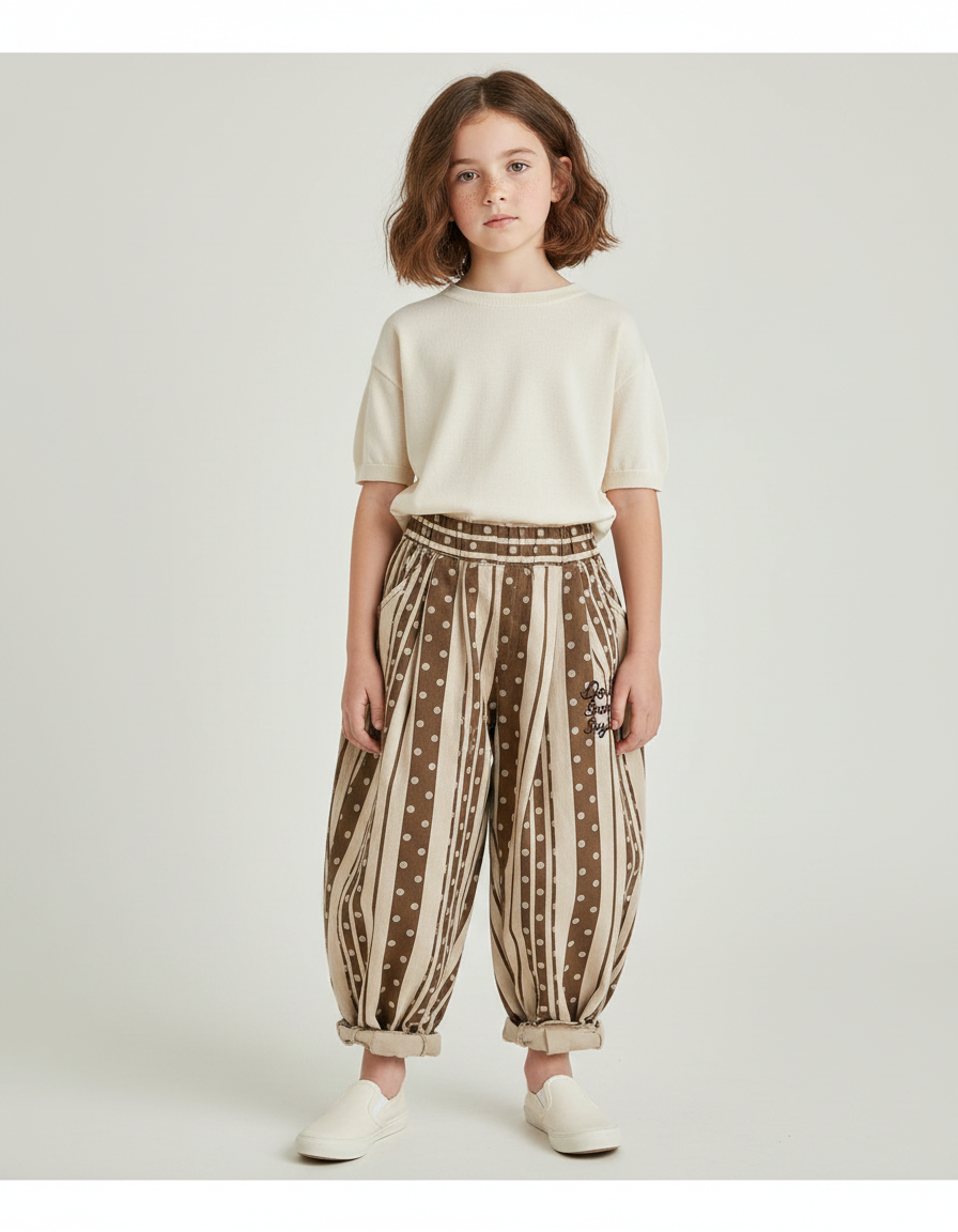 Pantalon Chinois Sarouel Rayé Pois Ample Enfant - Marron Toile