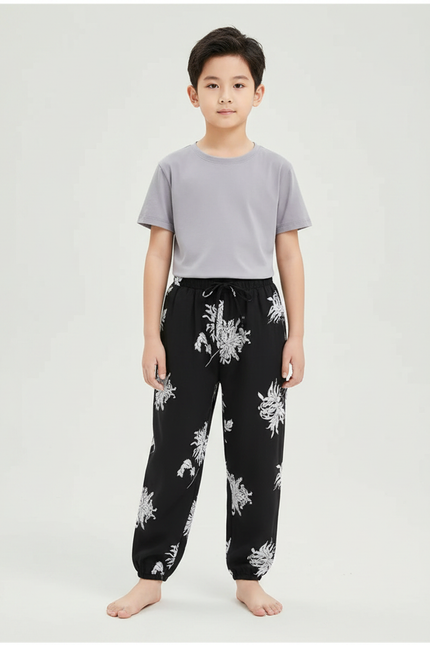 Pantalon Chinois Noir Blanc Ample Fleuri Enfant - Imprimé Viscose