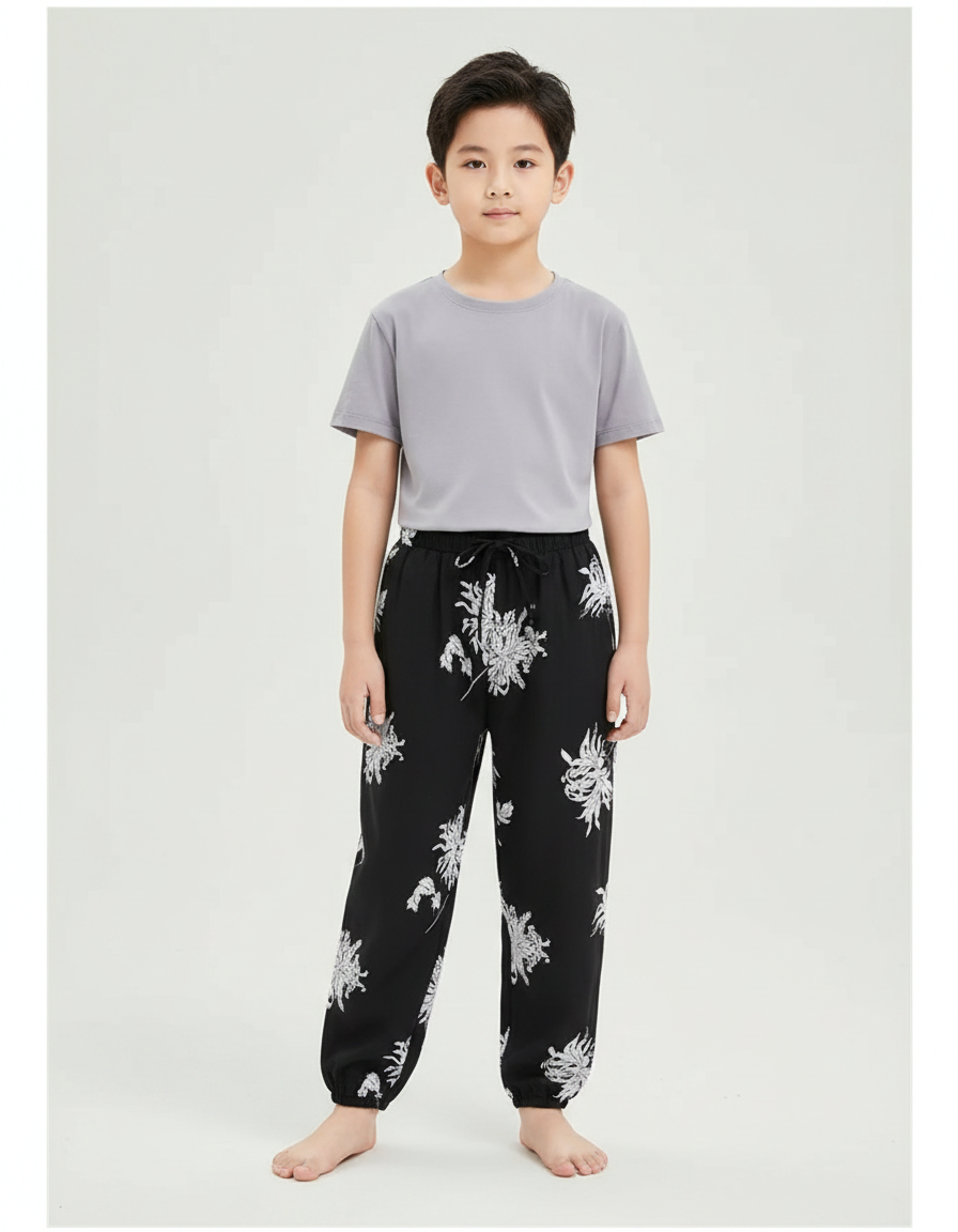 Pantalon Chinois Noir Blanc Ample Fleuri Enfant - Imprimé Viscose