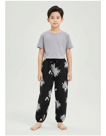 Pantalon Chinois Noir Blanc Ample Fleuri Enfant - Imprimé Viscose