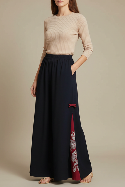 Pantalon Chinois Noir Fendu Motif Dragon Rouge Fluide - Viscose