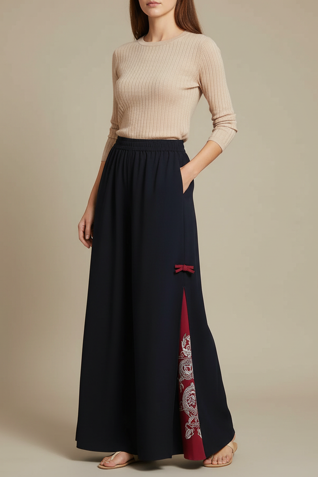 Pantalon Chinois Noir Fendu Motif Dragon Rouge Fluide - Viscose