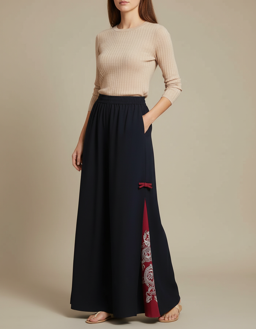 Pantalon Chinois Noir Fendu Motif Dragon Rouge Fluide - Viscose