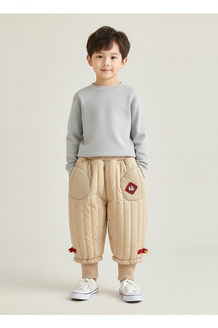 Pantalon Chinois Matelassé Beige Hiver Enfant Brodé - Polyester
