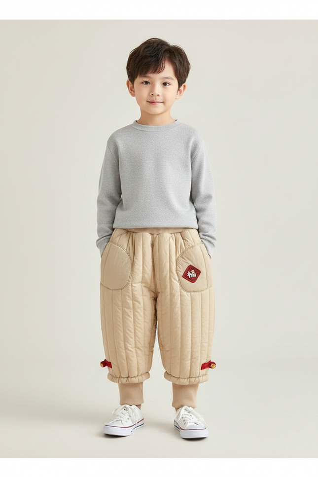 Pantalon Chinois Matelassé Beige Hiver Enfant Brodé - Polyester