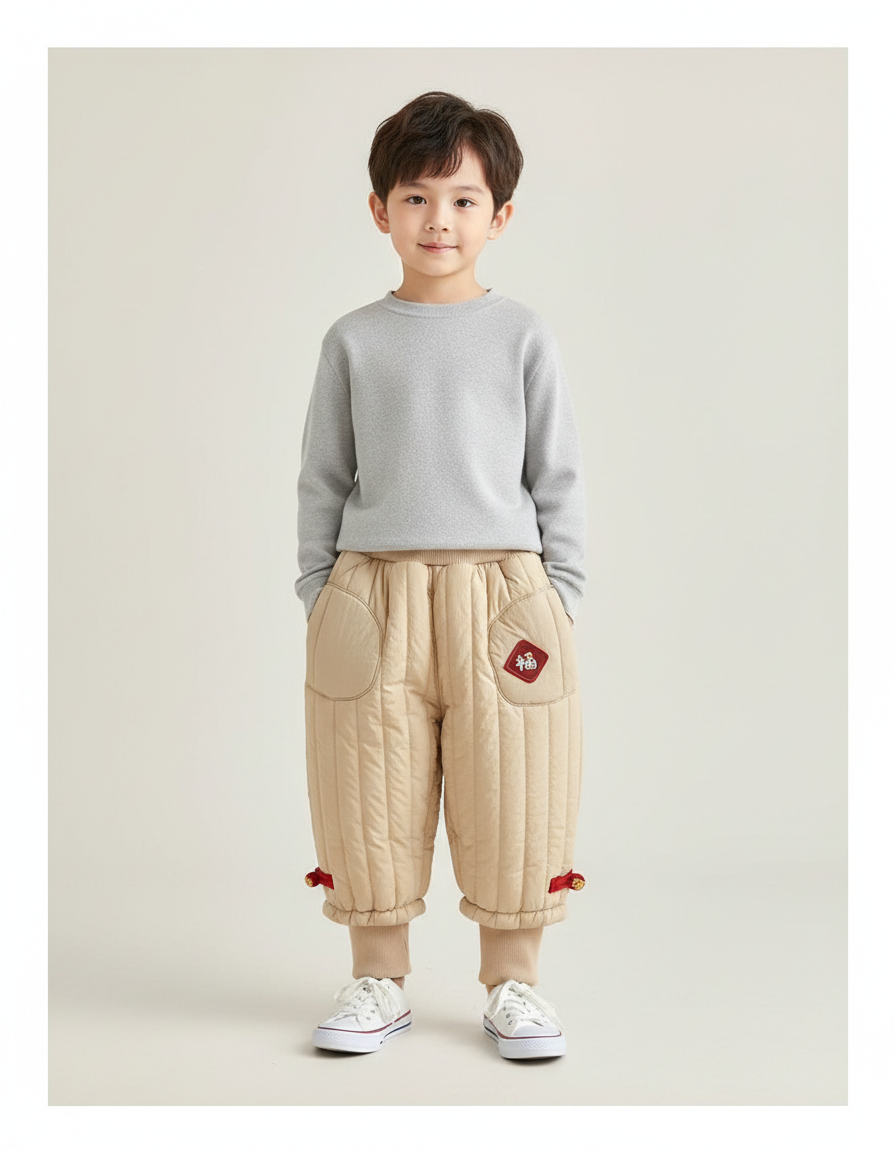 Pantalon Chinois Matelassé Beige Hiver Enfant Brodé - Polyester