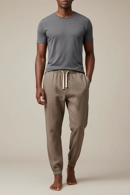 Pantalon Chinois Jogger Lin Coton Décontracté Homme - Marron