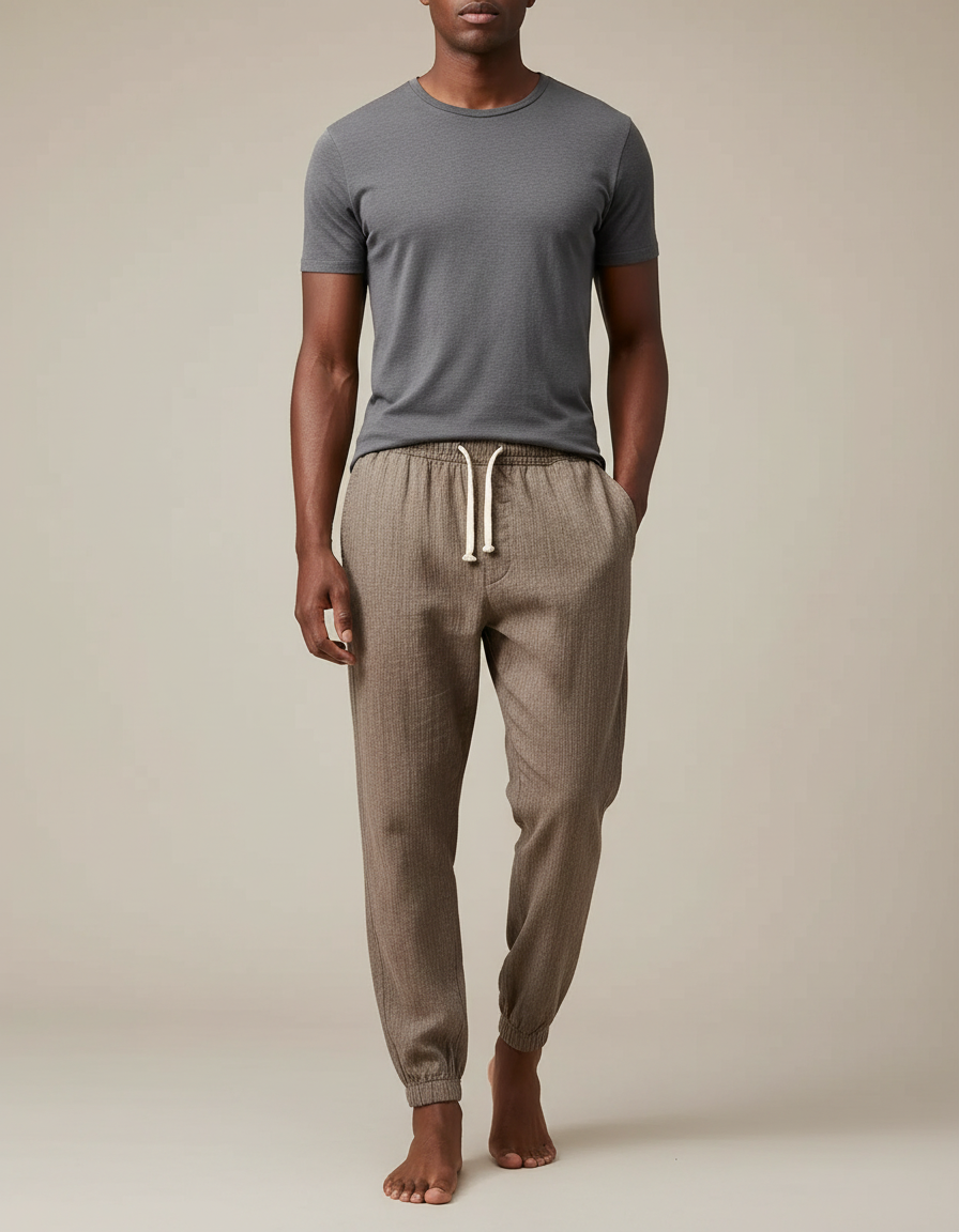 Pantalon Chinois Jogger Lin Coton Décontracté Homme - Marron