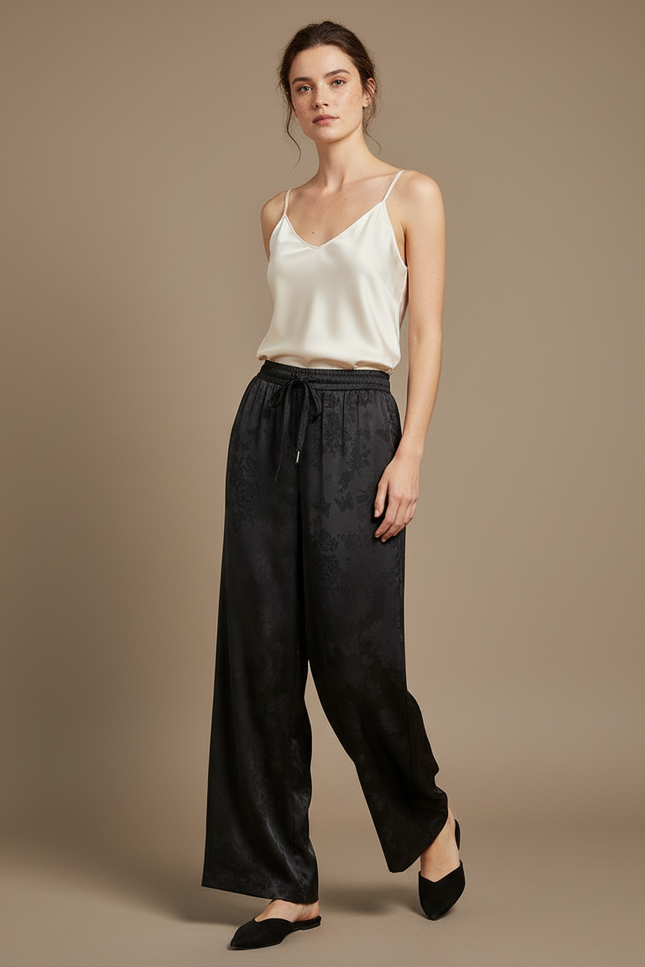 Pantalon Chinois Noir Ample Soie Jacquard Femme