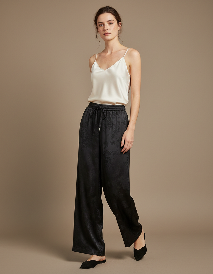 Pantalon Chinois Noir Ample Soie Jacquard Femme