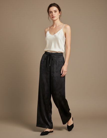 Pantalon Chinois Noir Ample Soie Jacquard Femme