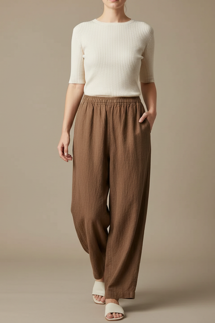 Pantalon Chinois Marron Ample Coton Lin Femme