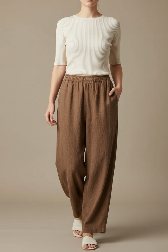 Pantalon Chinois Marron Ample Coton Lin Femme