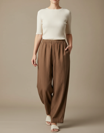 Pantalon Chinois Marron Ample Coton Lin Femme