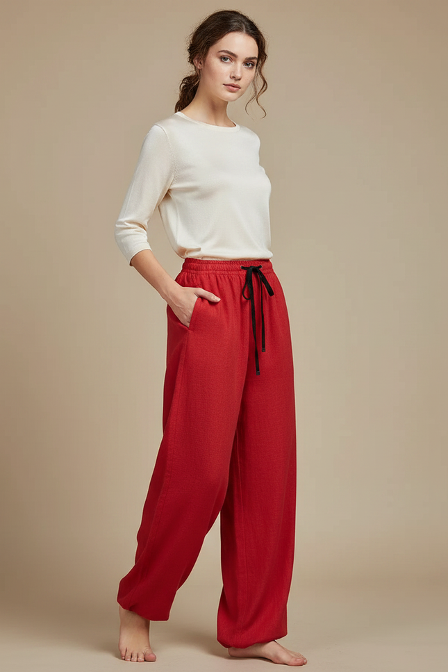 Pantalon Chinois Rouge Ample Lin Cordon Décontracté