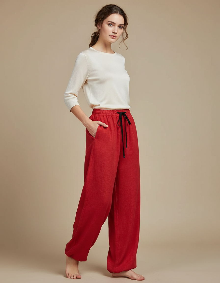 Pantalon Chinois Rouge Ample Lin Cordon Décontracté