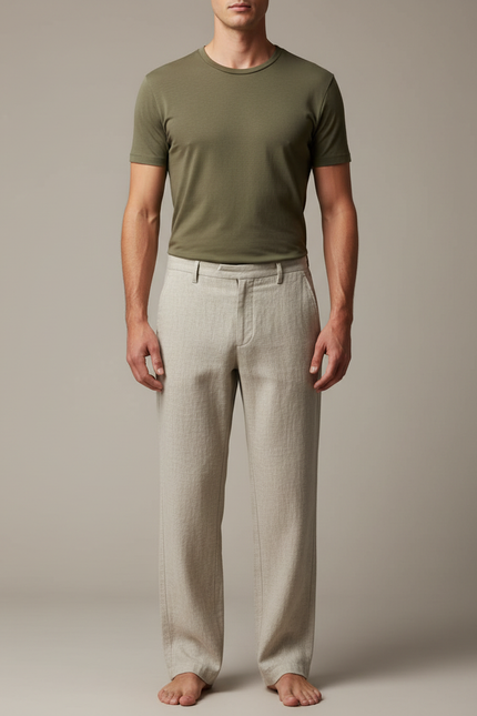 Pantalon Chinois Lin Ample Beige Uni Homme Décontracté