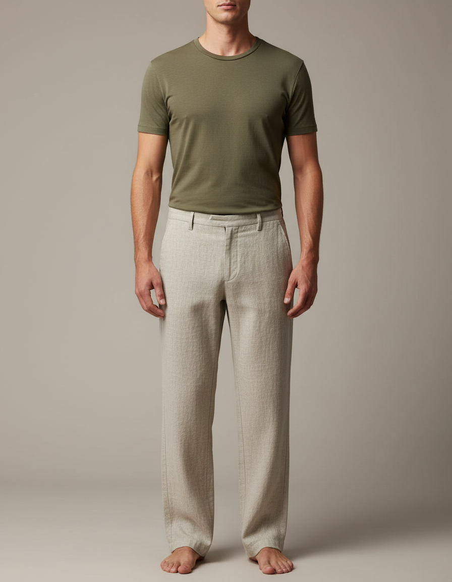 Pantalon Chinois Lin Ample Beige Uni Homme Décontracté