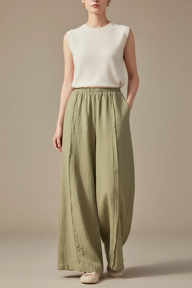 Pantalon Chinois Vert Ample Lin Décontracté Fluide