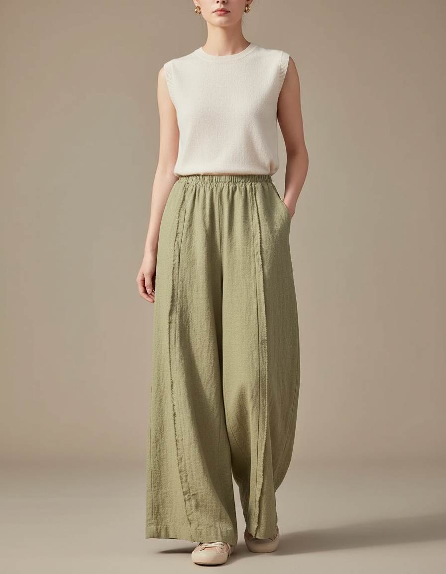 Pantalon Chinois Vert Ample Lin Décontracté Fluide