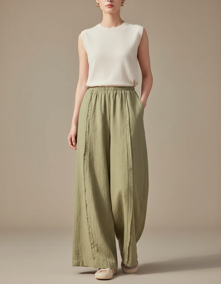 Pantalon Chinois Vert Ample Lin Décontracté Fluide