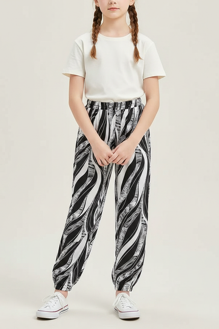 Pantalon Chinois Noir Blanc Imprimé Fluide Fille - Viscose