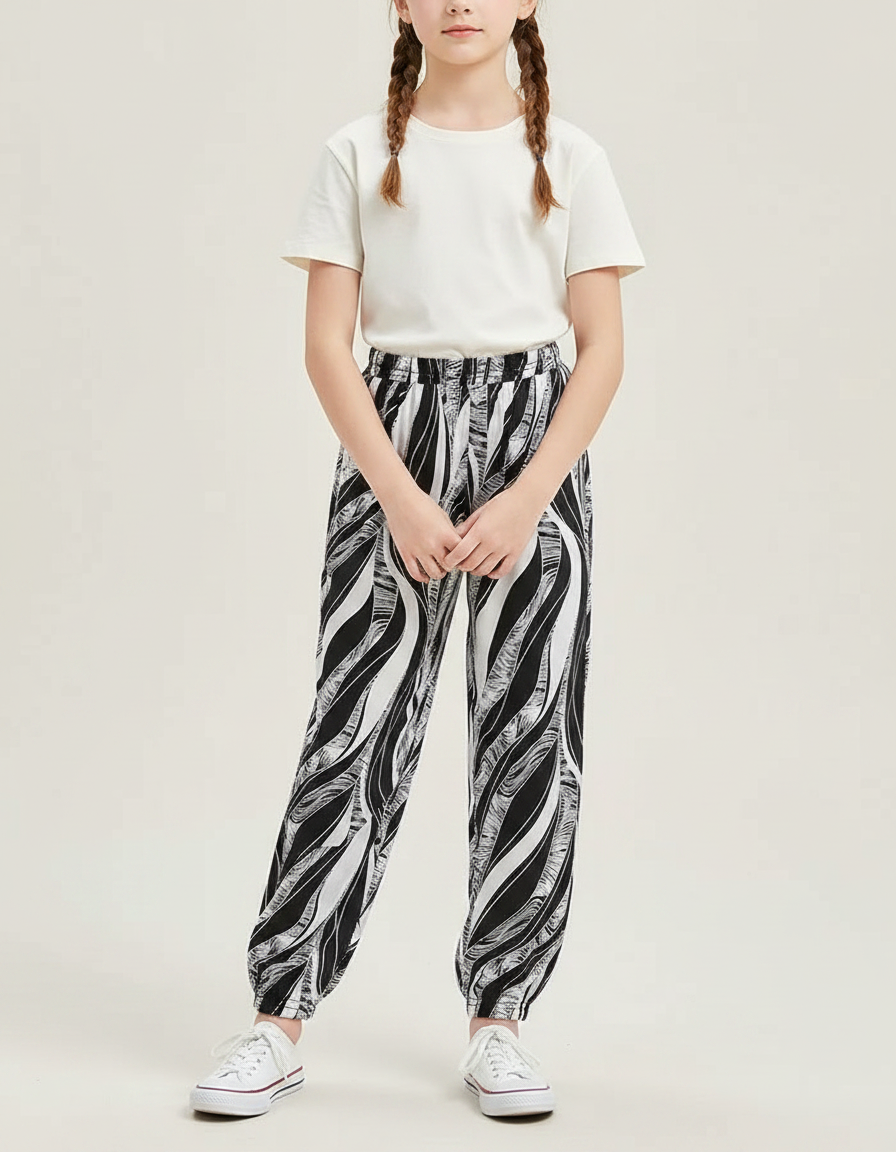 Pantalon Chinois Noir Blanc Imprimé Fluide Fille - Viscose