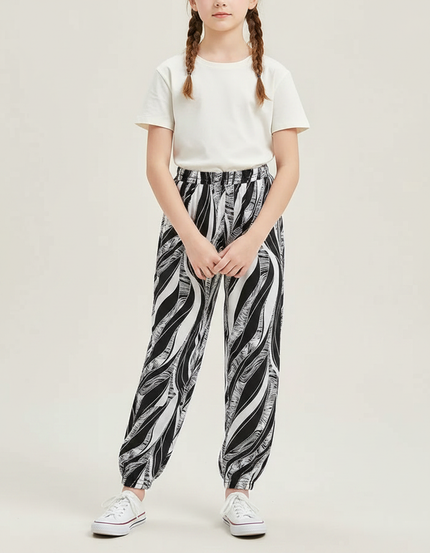 Pantalon Chinois Noir Blanc Imprimé Fluide Fille - Viscose