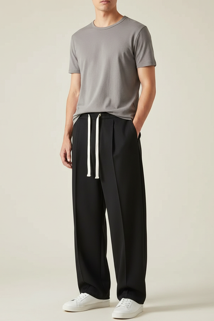 Pantalon Chinois Noir Ample Plissé Décontracté Cordon Homme - Polyester
