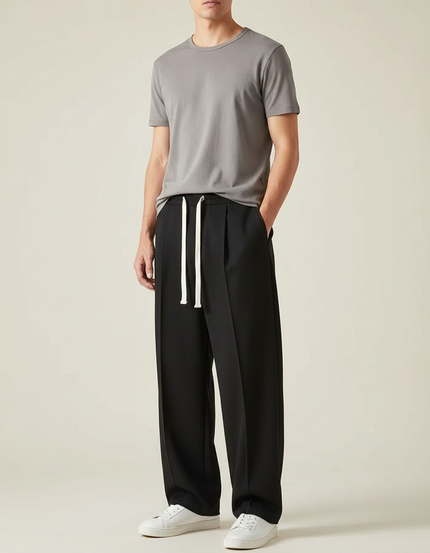 Pantalon Chinois Noir Ample Plissé Décontracté Cordon Homme - Polyester