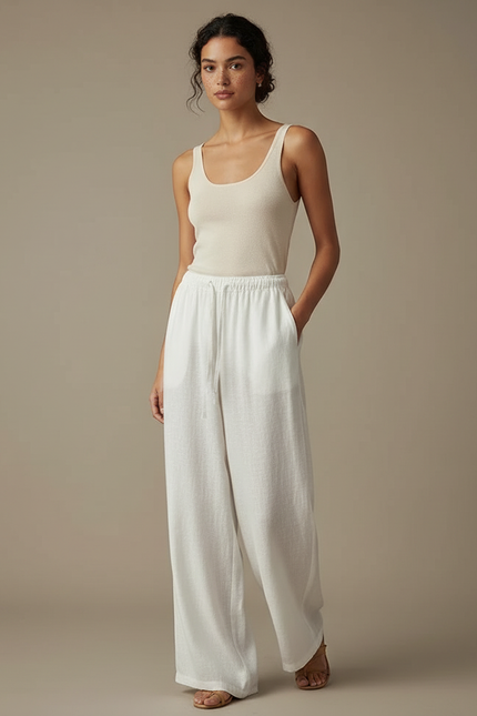 Pantalon Chinois Lin Blanc Ample Décontracté Fluide