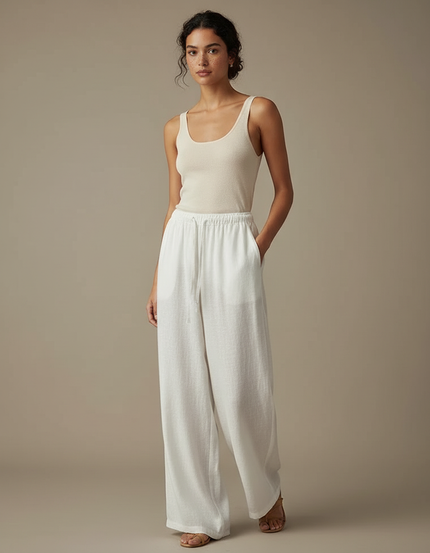 Pantalon Chinois Lin Blanc Ample Décontracté Fluide
