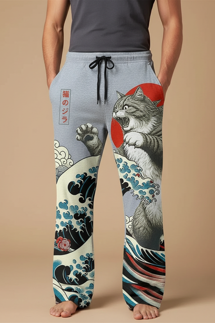Pantalon Chinois Gris Godzilla Vagues Japonais Décontracté Homme - Molleton