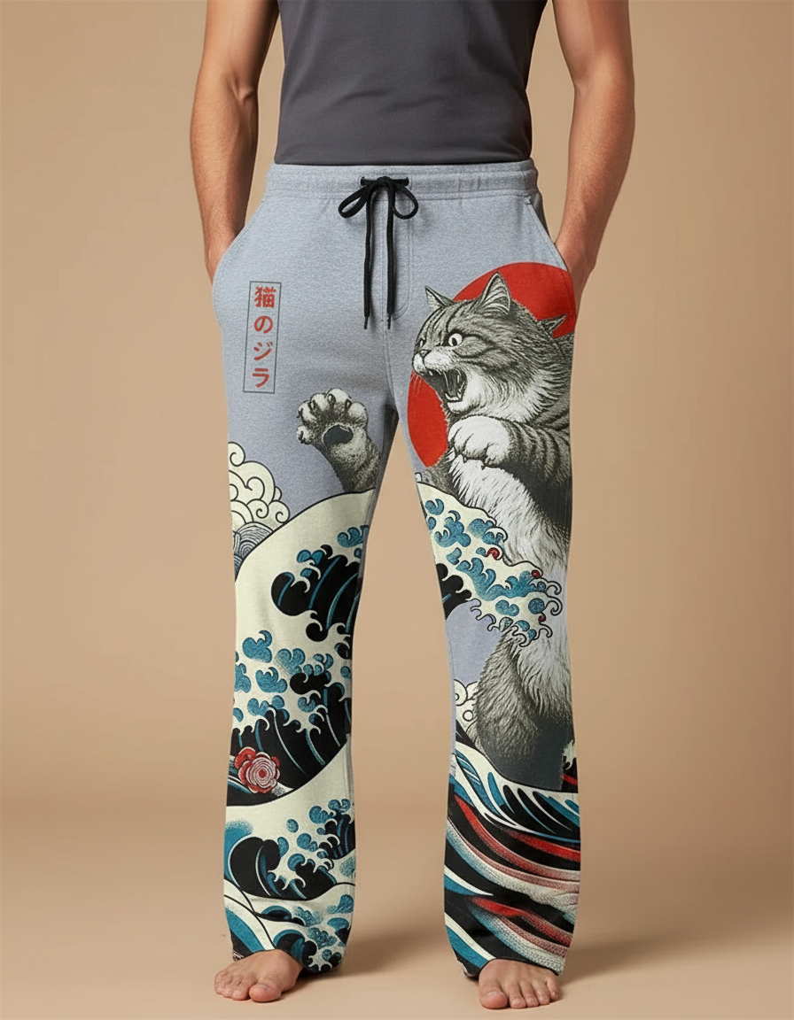 Pantalon Chinois Gris Godzilla Vagues Japonais Décontracté Homme - Molleton