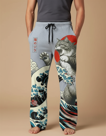 Pantalon Chinois Gris Godzilla Vagues Japonais Décontracté Homme - Molleton