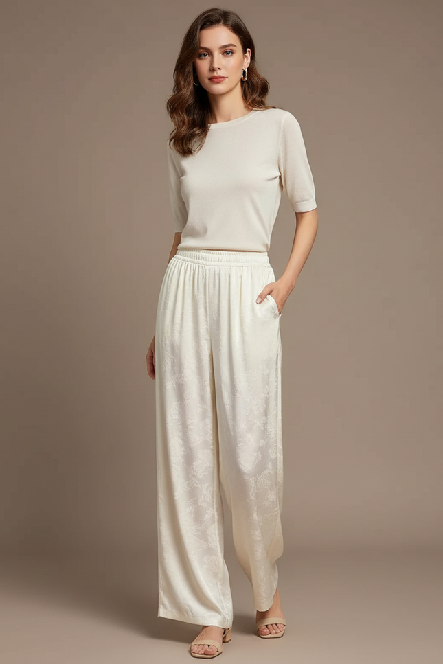 Pantalon Chinois Crème Satin Fluide Ample Imprimé Élégant - Beige